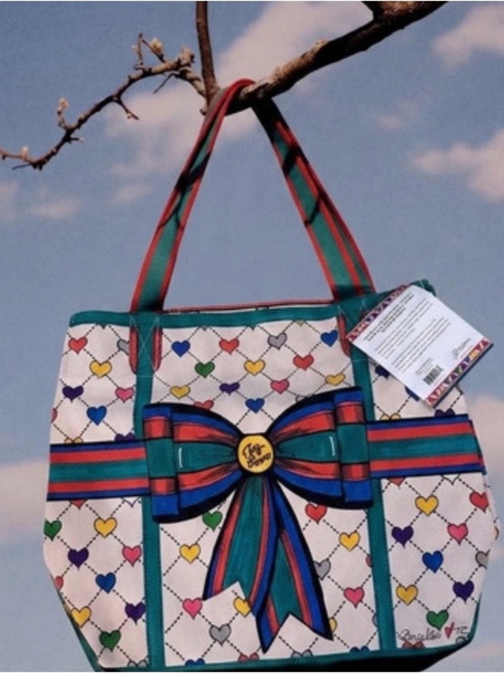 Brighton Multicolor Heart Print Tote with Teal Trim and Striped Bow